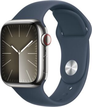 apple watch series 9 (gps cellular) caixa de aço inoxidável em prata de 41 mm correia desportiva azul tempestade tamanho m/l